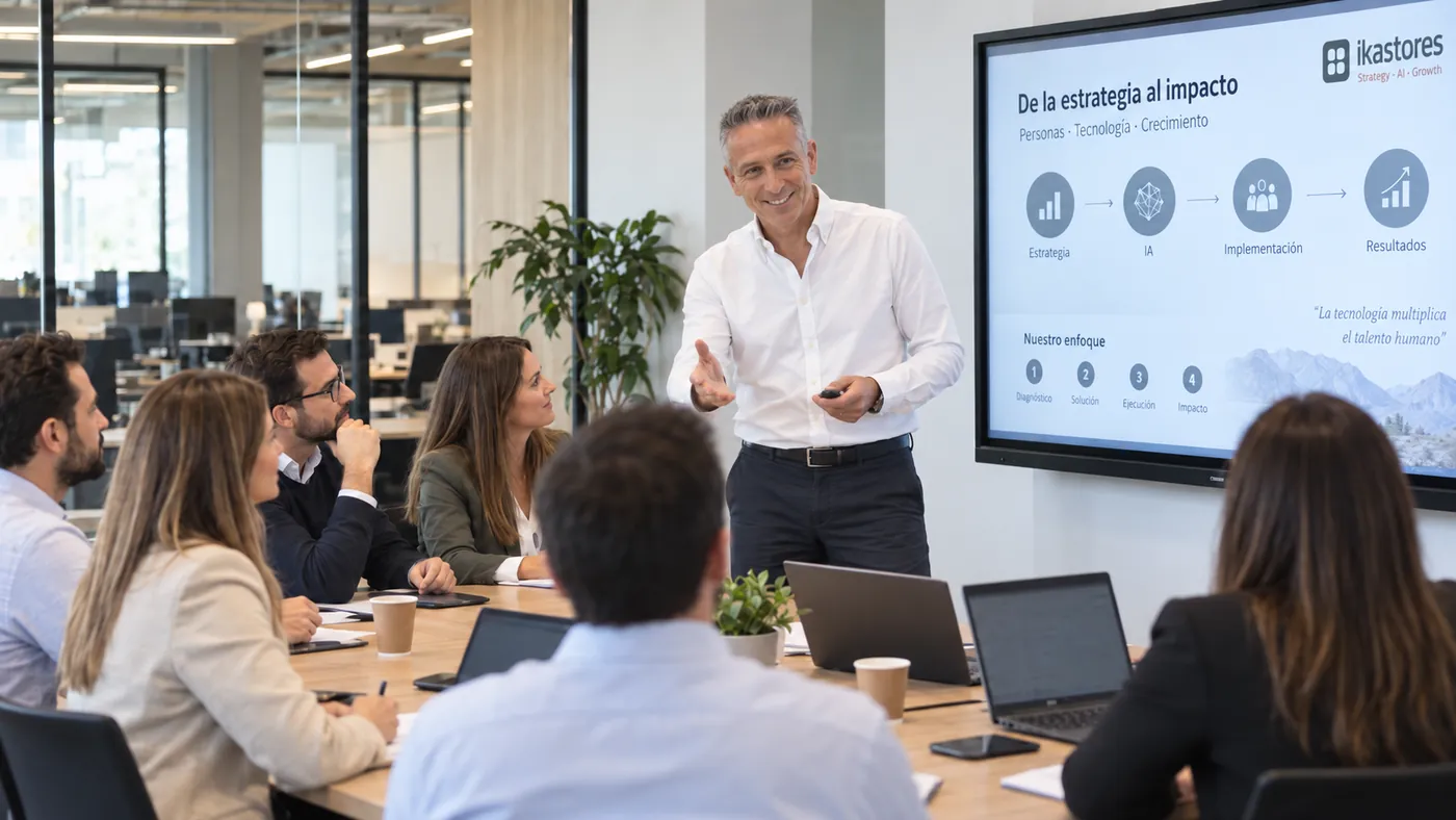 Sesión de formación en IA con un equipo de trabajo alrededor de una mesa de reuniones